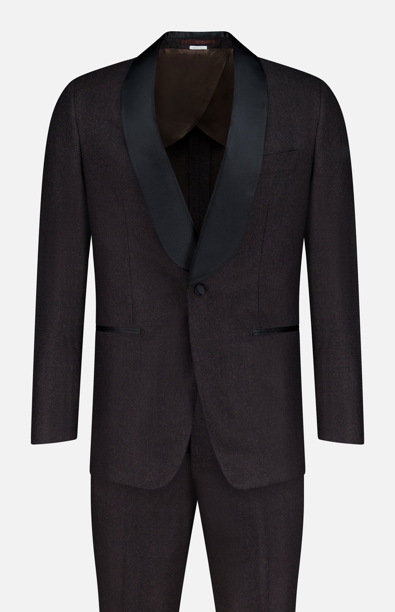 The Shawl Lapel Tuxedo Suit by ATELIER MUNRO features a dark brown pure wool design with a single button, black satin shawl lapel, and two front pockets, shown on a plain white background.