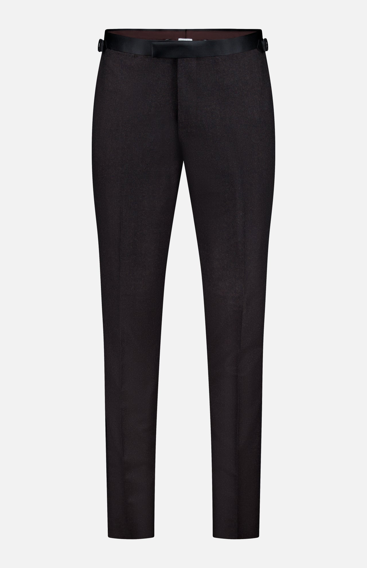 The Shawl Lapel Tuxedo Suit by ATELIER MUNRO features slim-fit black tailored pants with a waistband and side adjusters, ideal for formal events, shown on a plain white background.