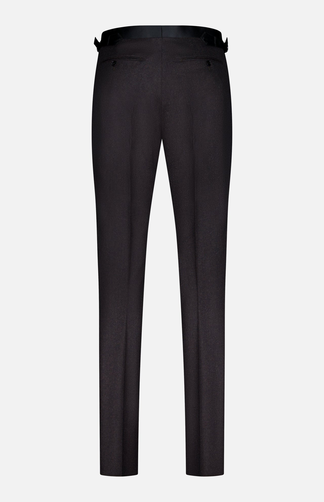 Back view of ATELIER MUNRO Shawl Lapel Tuxedo Suit black pants in pure wool, featuring two rear pockets and a waistband, shown against a plain white background.