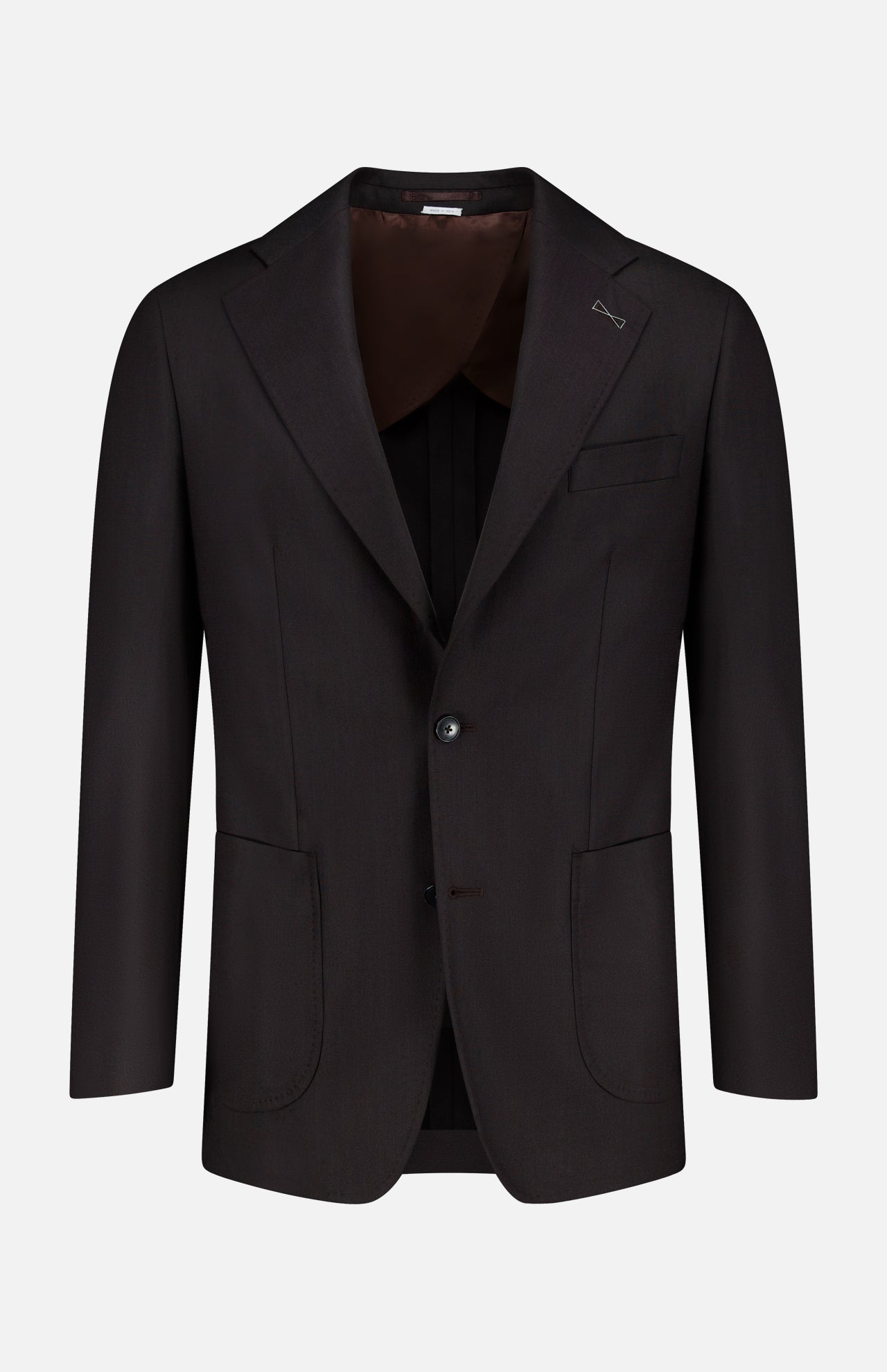 The ATELIER MUNRO Wide Notch Lapel Solid Suit is a dark brown wool-blend blazer with notch lapels, chest pocket, two patch pockets, and two buttons, shown front-facing on a plain white background.