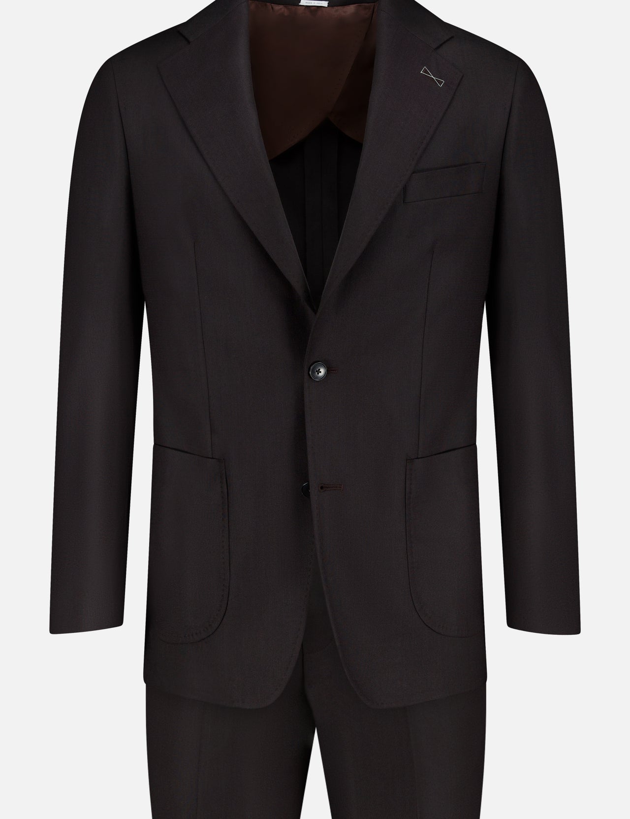 The Wide Notch Lapel Solid Suit by ATELIER MUNRO is a black wool blend two-piece men’s suit with notch lapels, two front buttons, patch pockets, and a chest pocket, shown on a white background.