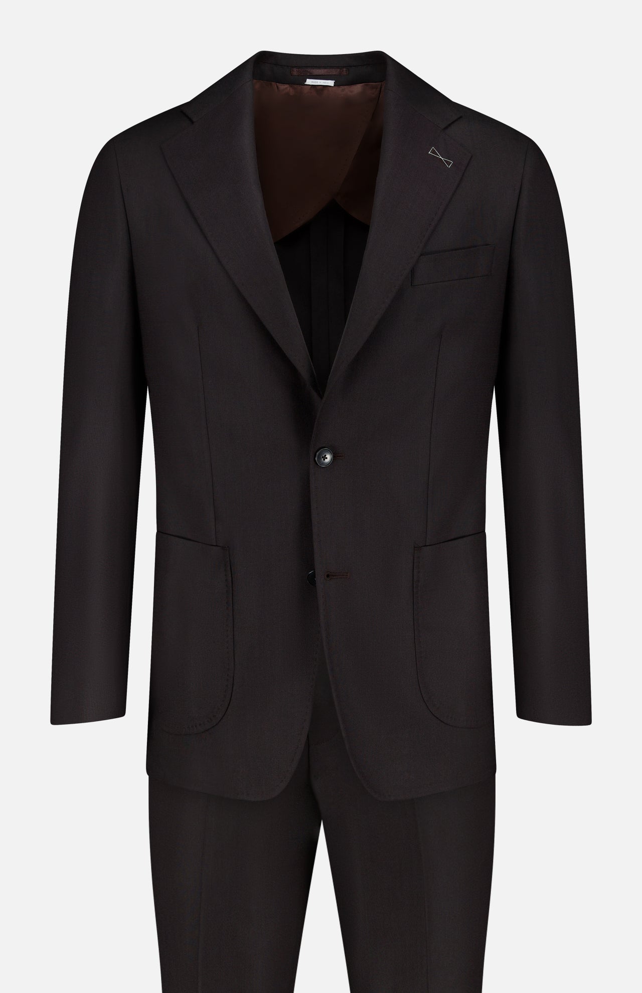 The Wide Notch Lapel Solid Suit by ATELIER MUNRO is a black wool blend two-piece men’s suit with notch lapels, two front buttons, patch pockets, and a chest pocket, shown on a white background.