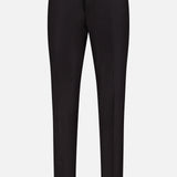 The Wide Notch Lapel Solid Suit by ATELIER MUNRO features slim-fit dark brown suit pants with a button and zipper closure, belt loops, and front crease detailing, displayed on a white background.