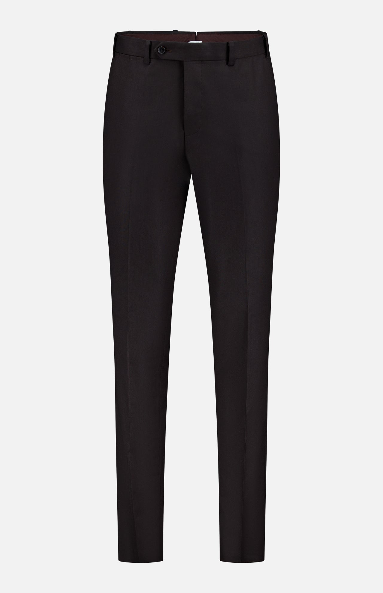 The Wide Notch Lapel Solid Suit by ATELIER MUNRO features slim-fit dark brown suit pants with a button and zipper closure, belt loops, and front crease detailing, displayed on a white background.