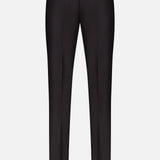 Back view of ATELIER MUNRO Wide Notch Lapel Solid Suit trousers in black, with belt loops, two buttoned back pockets, and a straight-leg fit on a white background.