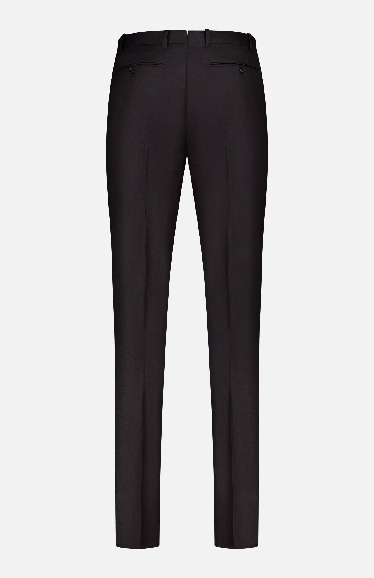 Back view of ATELIER MUNRO Wide Notch Lapel Solid Suit trousers in black, with belt loops, two buttoned back pockets, and a straight-leg fit on a white background.