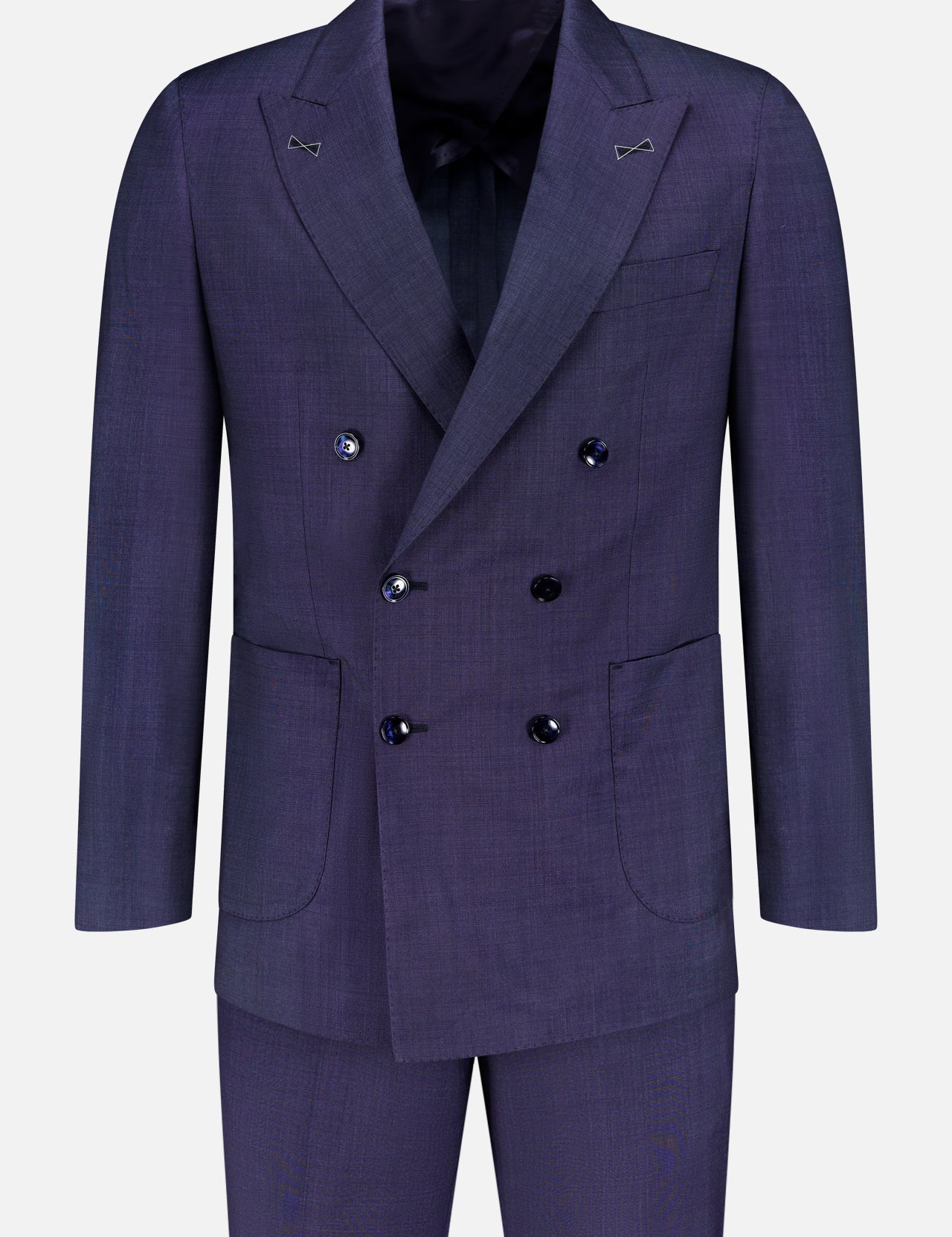 The ATELIER MUNRO Wool Silk Fancy Weave Double Breasted Suit features a dark purple hue, peak lapels, four buttons per side, flap pockets, and matching trousers, perfect for formal events—shown on a plain white background.
