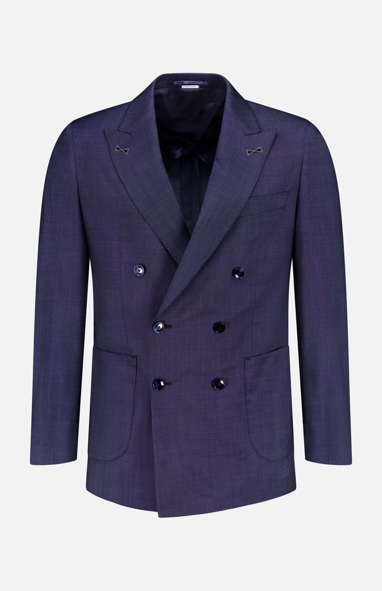 The ATELIER MUNRO Wool Silk Fancy Weave Double Breasted Suit features a dark purple blend, peak lapels, four front buttons, and two large front pockets—ideal for formal occasions and shown on a white background.