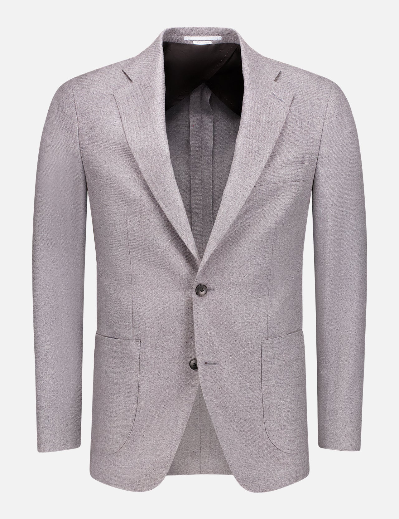 The ATELIER MUNRO Silk & Wool Basketweave Sportcoat is a light gray men's blazer with notch lapels, two front buttons, patch pockets, and a visible interior lining, shown on a plain white background.