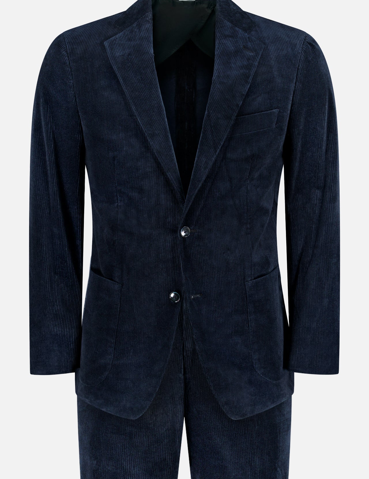 The ATELIER MUNRO Stretch Cotton Corduroy Suit in navy features a single-breasted, two-button jacket with notched lapels and three front pockets, shown on a plain white background.