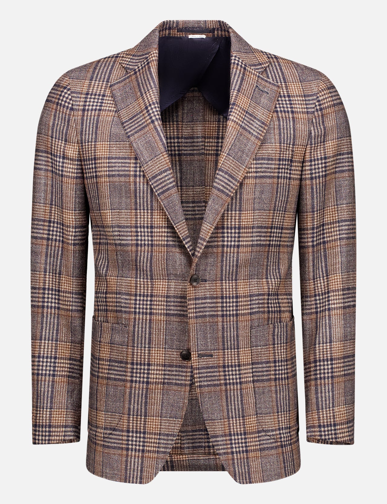 The ATELIER MUNRO Wool, Silk, & Cashmere Glen Plaid Sportcoat is a men's tailored blazer in brown and navy plaid with notched lapels, two-button closure, and dark lining, displayed on a plain white background.