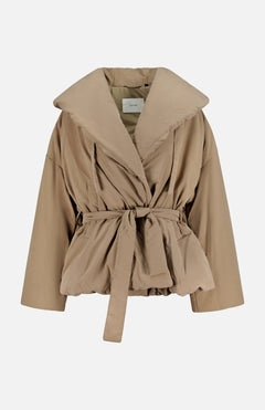 Auter Brushed Hooded Puffer Jacket in tan with a wide collar, tie-waist belt, and an oversized silhouette.