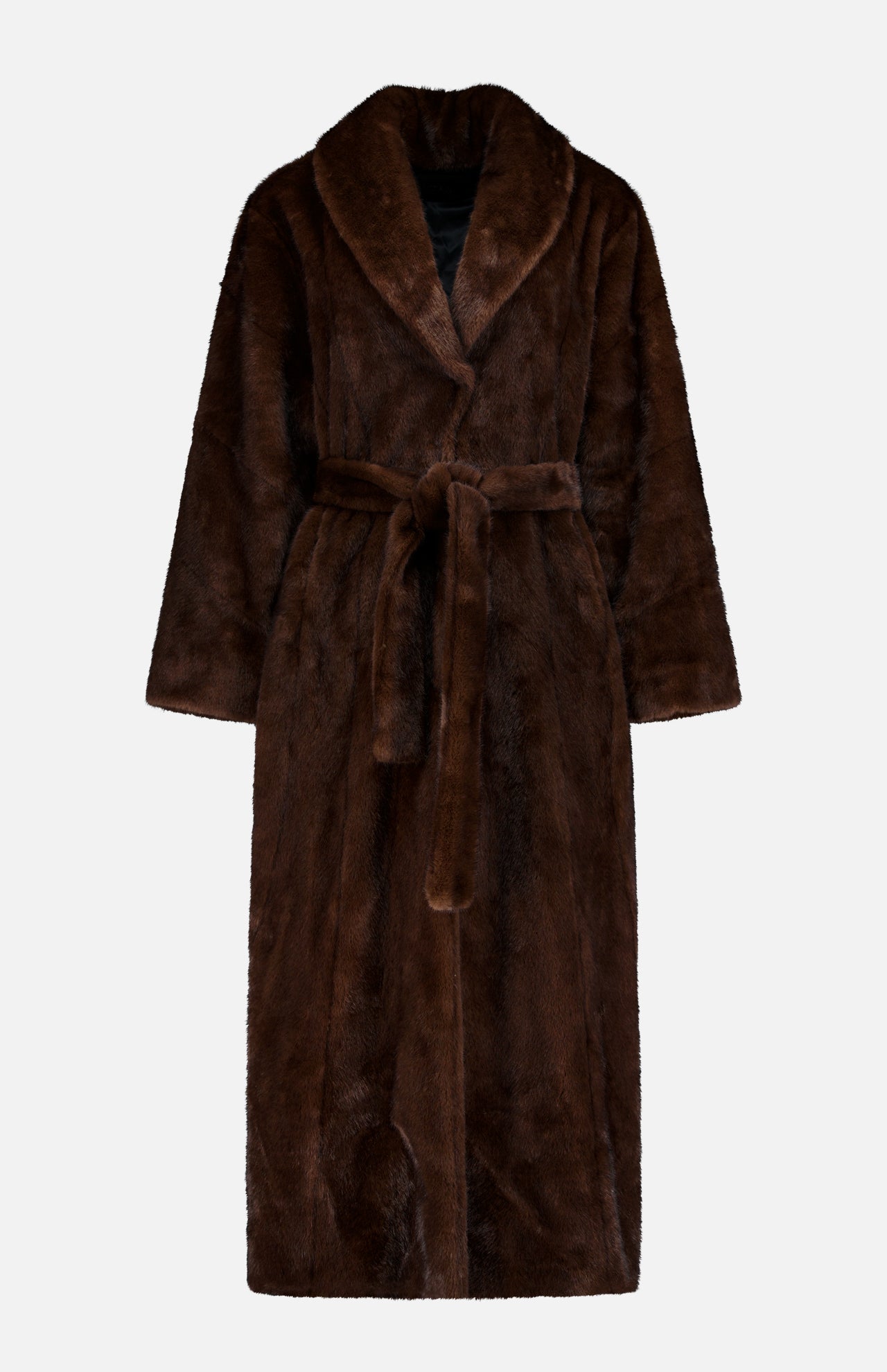 The Mink Coat by Auter is a long-sleeved, knee-length dark brown faux fur coat featuring a notched collar and a matching tie belt at the waist, designed as an animal-free mink style.