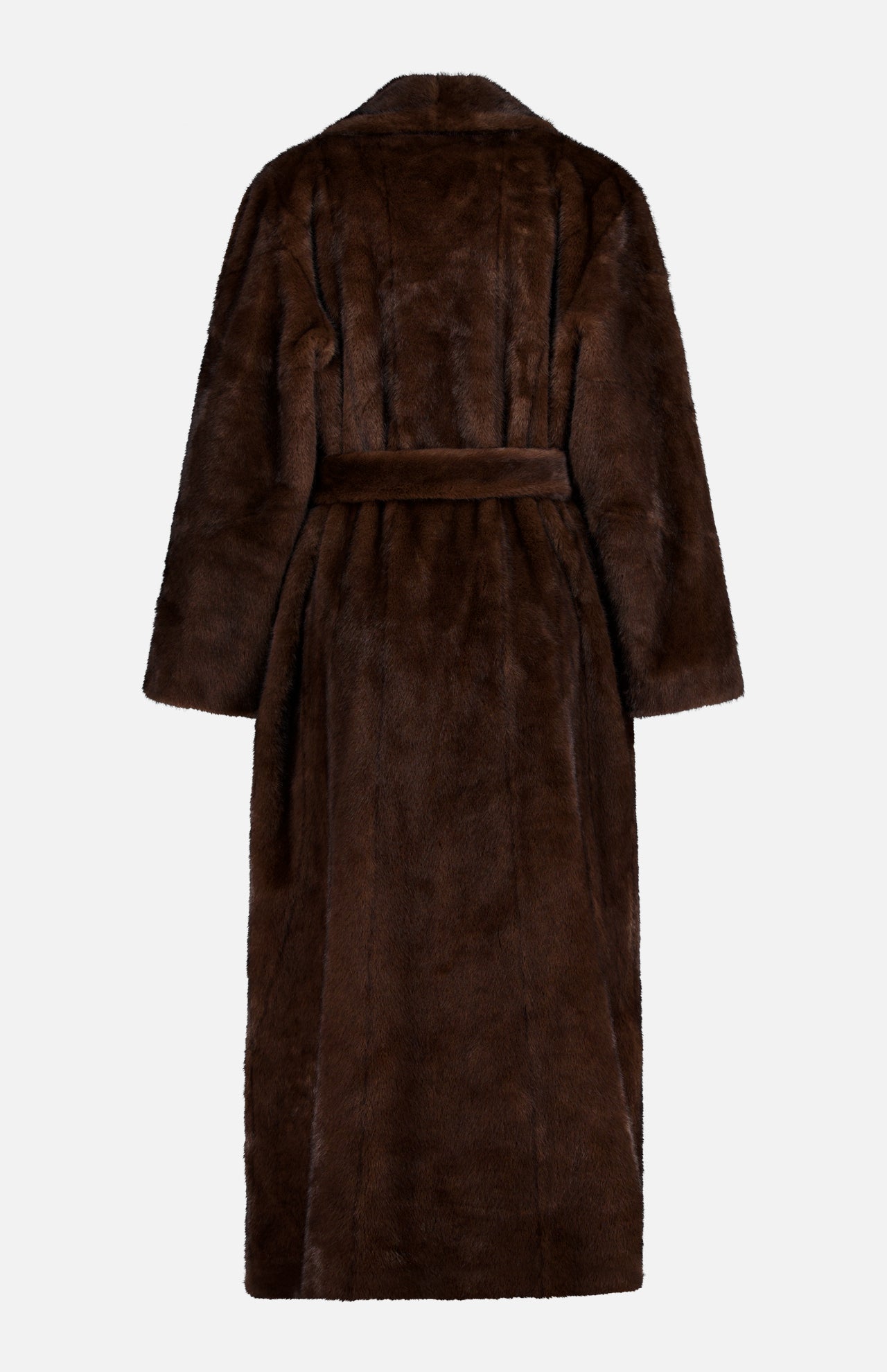 Back view of The Mink Coat by Auter, a full-length dark brown animal-free mink coat with a tie waist.