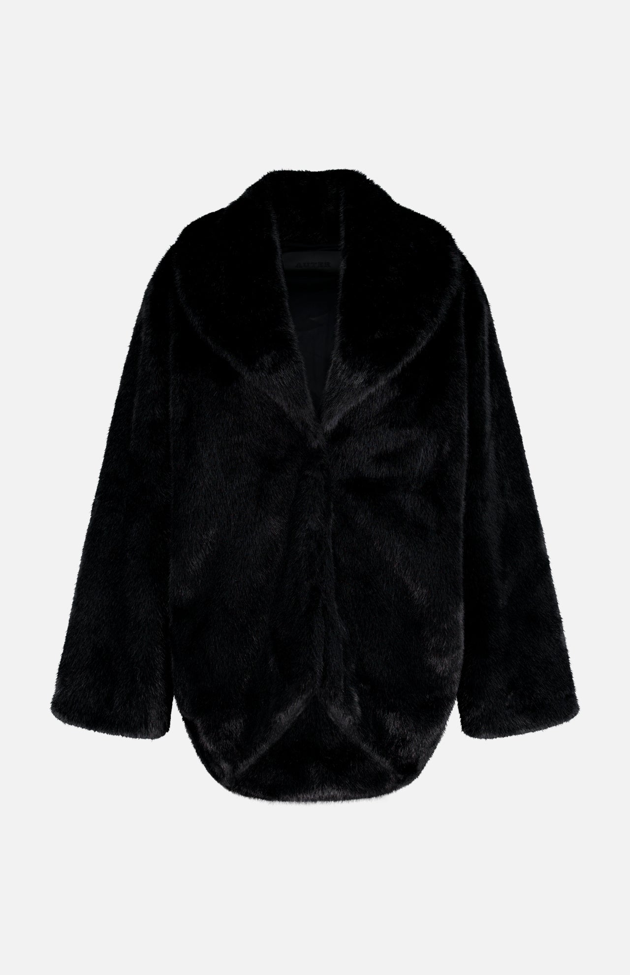 Auter The Mink Cocoon Coat is a black animal-free faux fur coat with an oversized fit, featuring a wide collar and a curved, cropped hem.