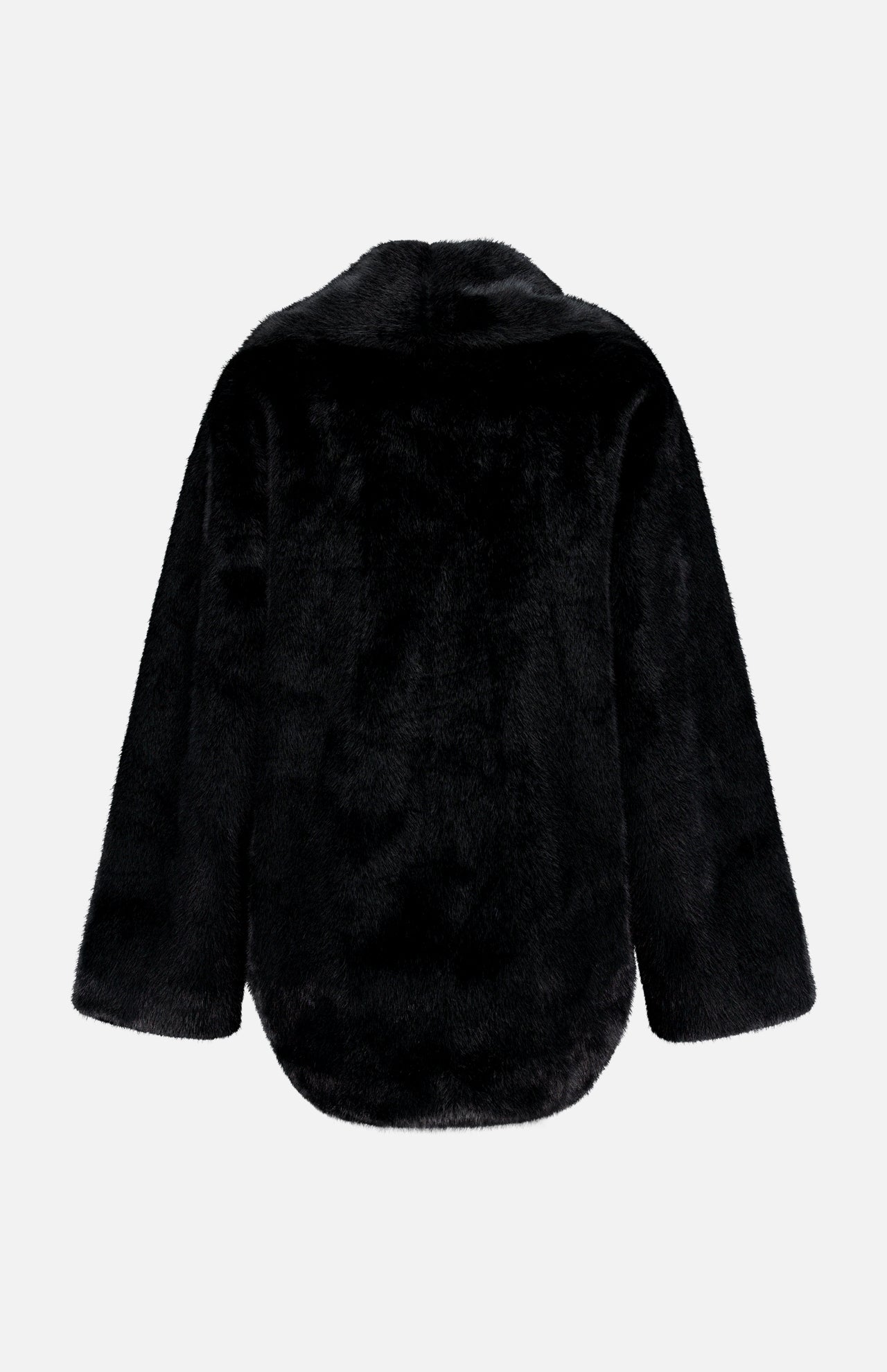 Back view of The Mink Cocoon Coat by Auter, an oversized, black, animal-free mink, knee-length coat with long sleeves.