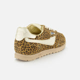 The AUTRY Windspin Leopard Low Sneaker features leopard print, gold metallic heel and swoosh, beige laces, and a light brown sole, shown from the back on a white background for retro 60s style flair.