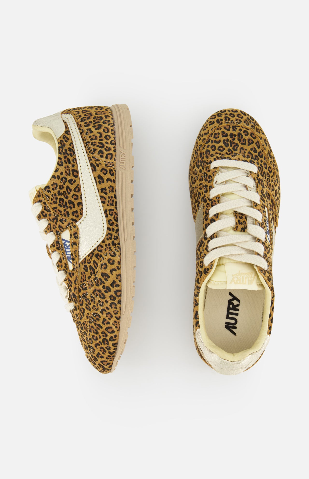 The AUTRY Windspin Leopard Low Sneaker features a 60s-inspired leopard print, white accents, and beige soles, shown from side and top views against a white background.