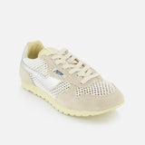 The AUTRY Windspin Low Knit Sneaker features beige and white mesh and suede details, a lace-up front, white textured sole, and AUTRY branding in blue on the side, drawing inspiration from vintage sneakers.