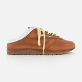 The AUTRY Windspin Leather Mule Sneaker features brown leather, a white sole, yellow laces, vintage charm, and an open back—displayed on a white background.