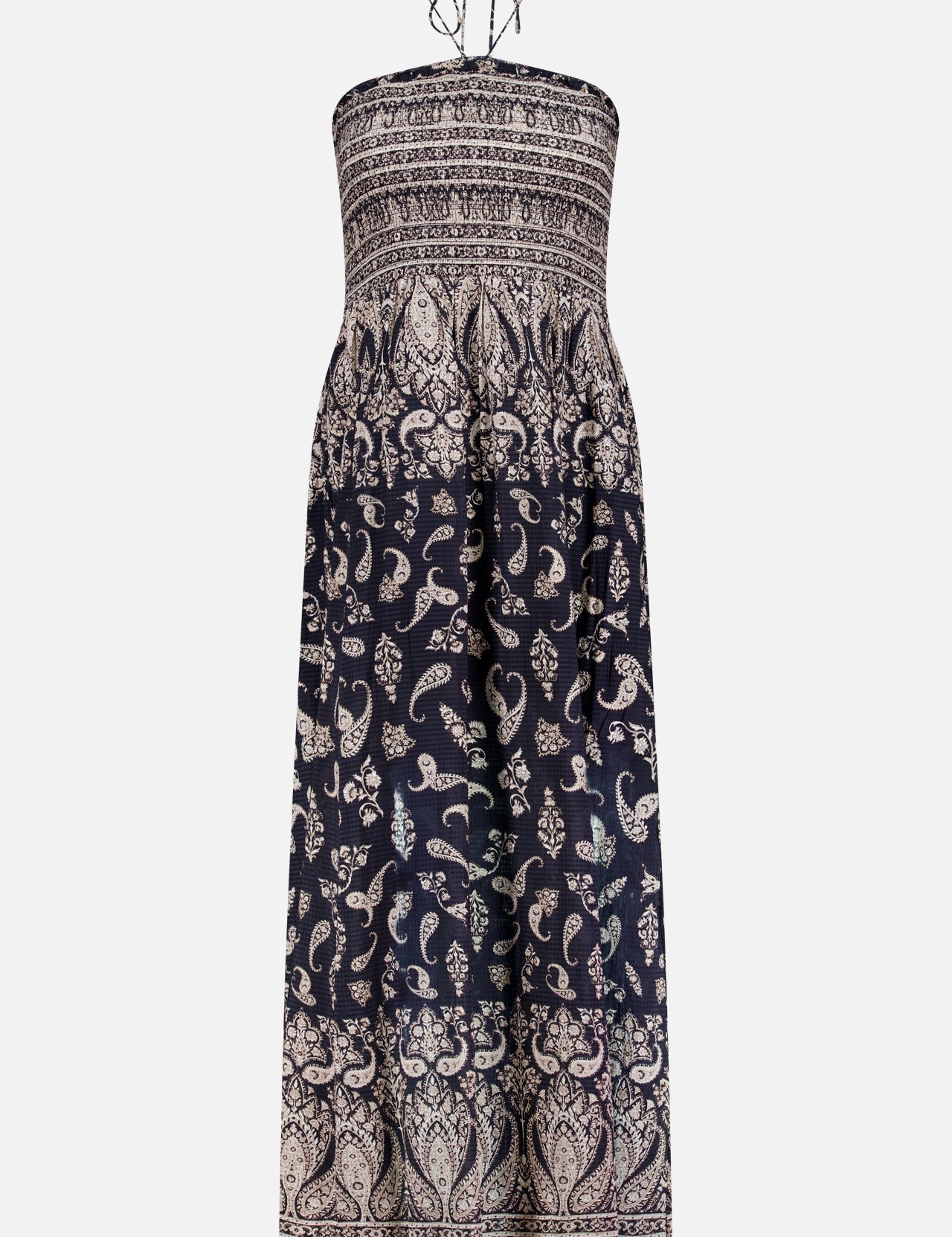 The Ayanna Paisley Print Maxi Dress by VERONICA BEARD is a sleeveless halter dress with a black and cream paisley print, strapless bodice, and thin crisscross ties, shown on a plain white background.