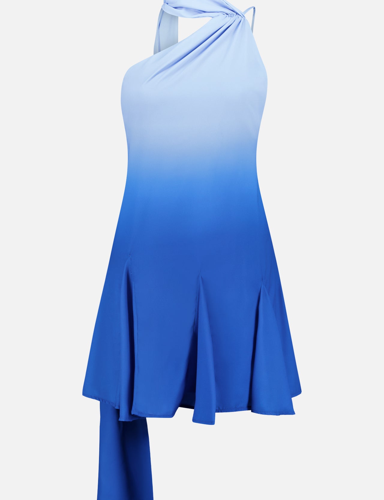 The Ari One Shoulder Mini Dress by BAOBAB features a one-shoulder neckline, asymmetrical hem, ombré blue hues, draped detail, sleeveless cut, and an open back for a chic modern look.