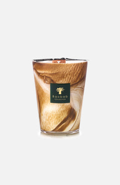 The Atlas Tichka White Max 24 Candle by BAOBAB COLLECTION features a woody scent, hand-blown brown and cream marbled glass vessel, wooden wick, and dark green label with a gold tree logo, inspired by Atlas cedar.