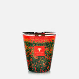 The BAOBAB COLLECTION Arty Flowers Poppies Max 16 Candle features a vibrant glass mosaic in red, green, and black with a tree-logo label showing "Baobab." Hand-poured wax fills the air with bergamot scent. Displayed on a plain white background.