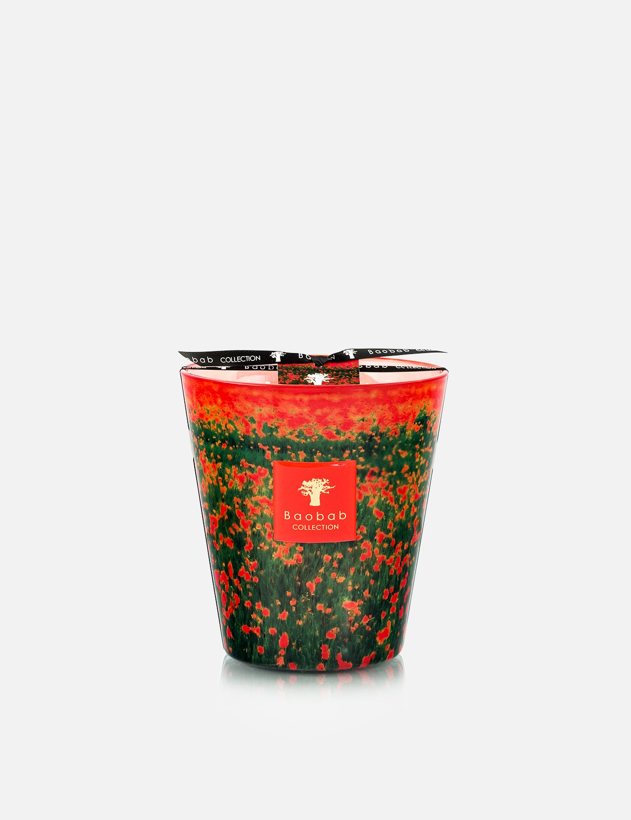 The BAOBAB COLLECTION Arty Flowers Poppies Max 16 Candle features a vibrant glass mosaic in red, green, and black with a tree-logo label showing "Baobab." Hand-poured wax fills the air with bergamot scent. Displayed on a plain white background.