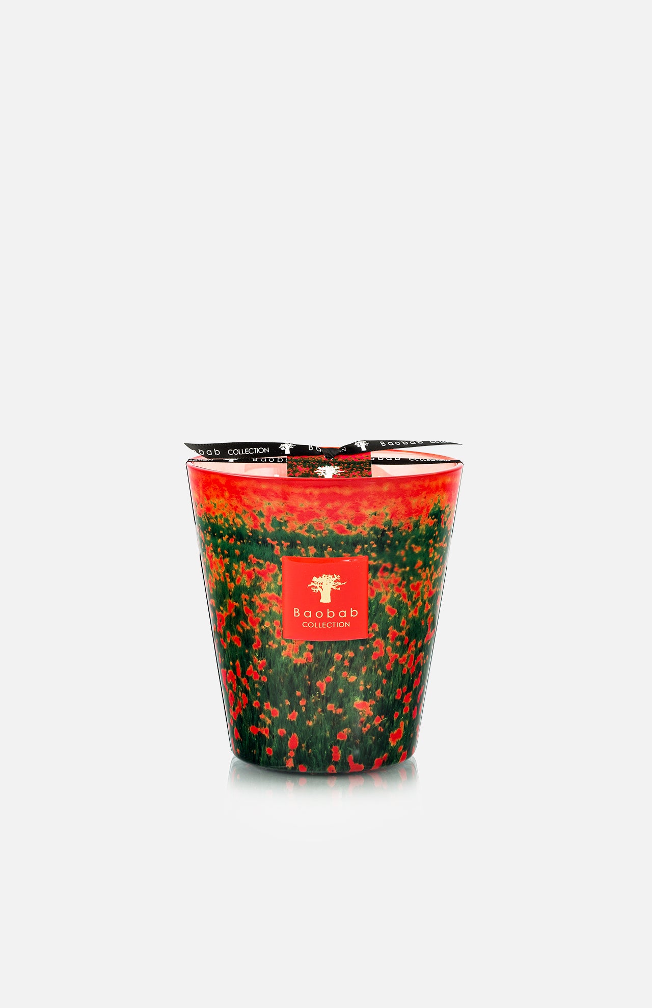 The BAOBAB COLLECTION Arty Flowers Poppies Max 16 Candle features a vibrant glass mosaic in red, green, and black with a tree-logo label showing "Baobab." Hand-poured wax fills the air with bergamot scent. Displayed on a plain white background.