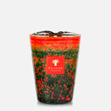 The Arty Flowers Poppies Max 24 Candle by BAOBAB COLLECTION features hand-poured wax in a glass with a vibrant red and green floral design, a brand label on the front, and is topped with a black ribbon.