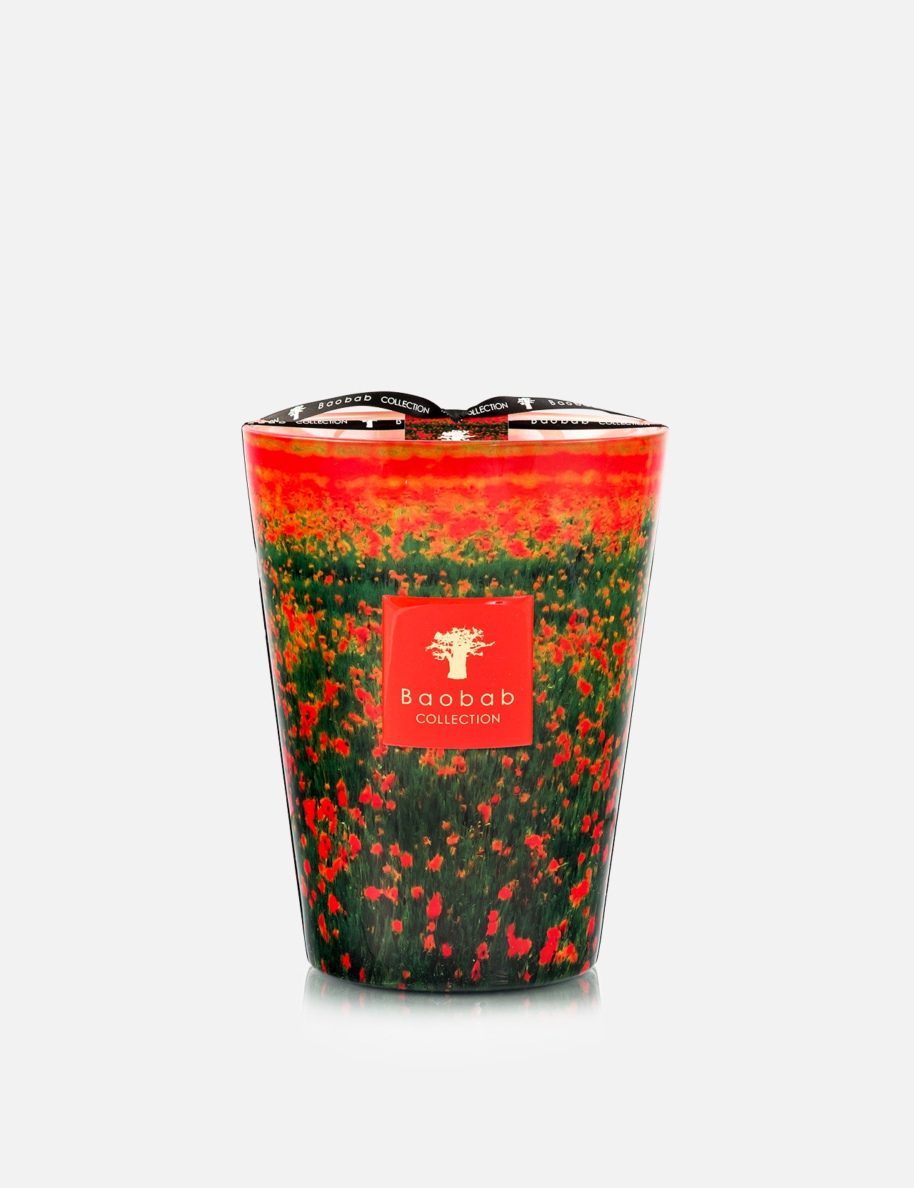 The Arty Flowers Poppies Max 24 Candle by BAOBAB COLLECTION features hand-poured wax in a glass with a vibrant red and green floral design, a brand label on the front, and is topped with a black ribbon.