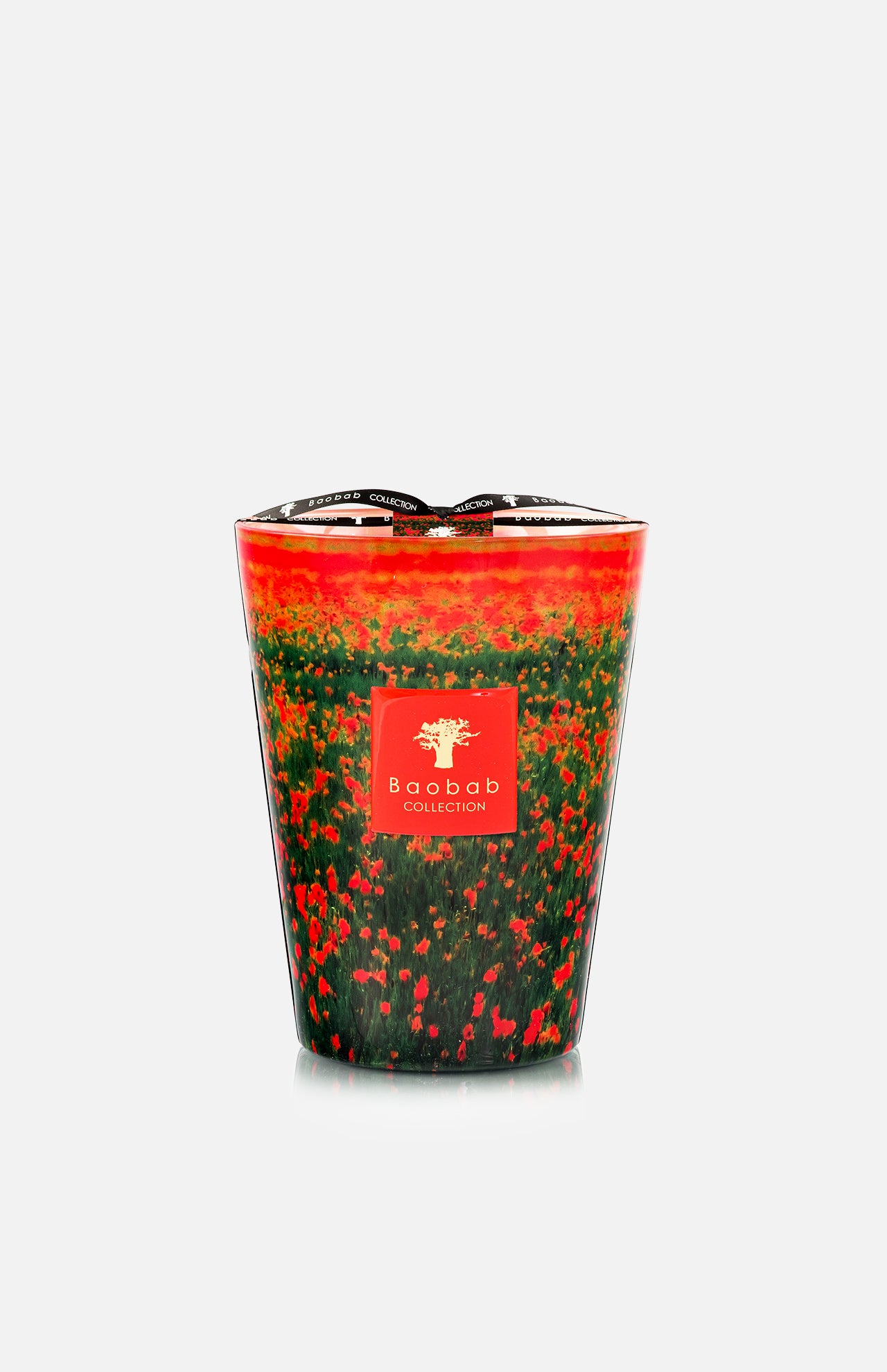 The Arty Flowers Poppies Max 24 Candle by BAOBAB COLLECTION features hand-poured wax in a glass with a vibrant red and green floral design, a brand label on the front, and is topped with a black ribbon.