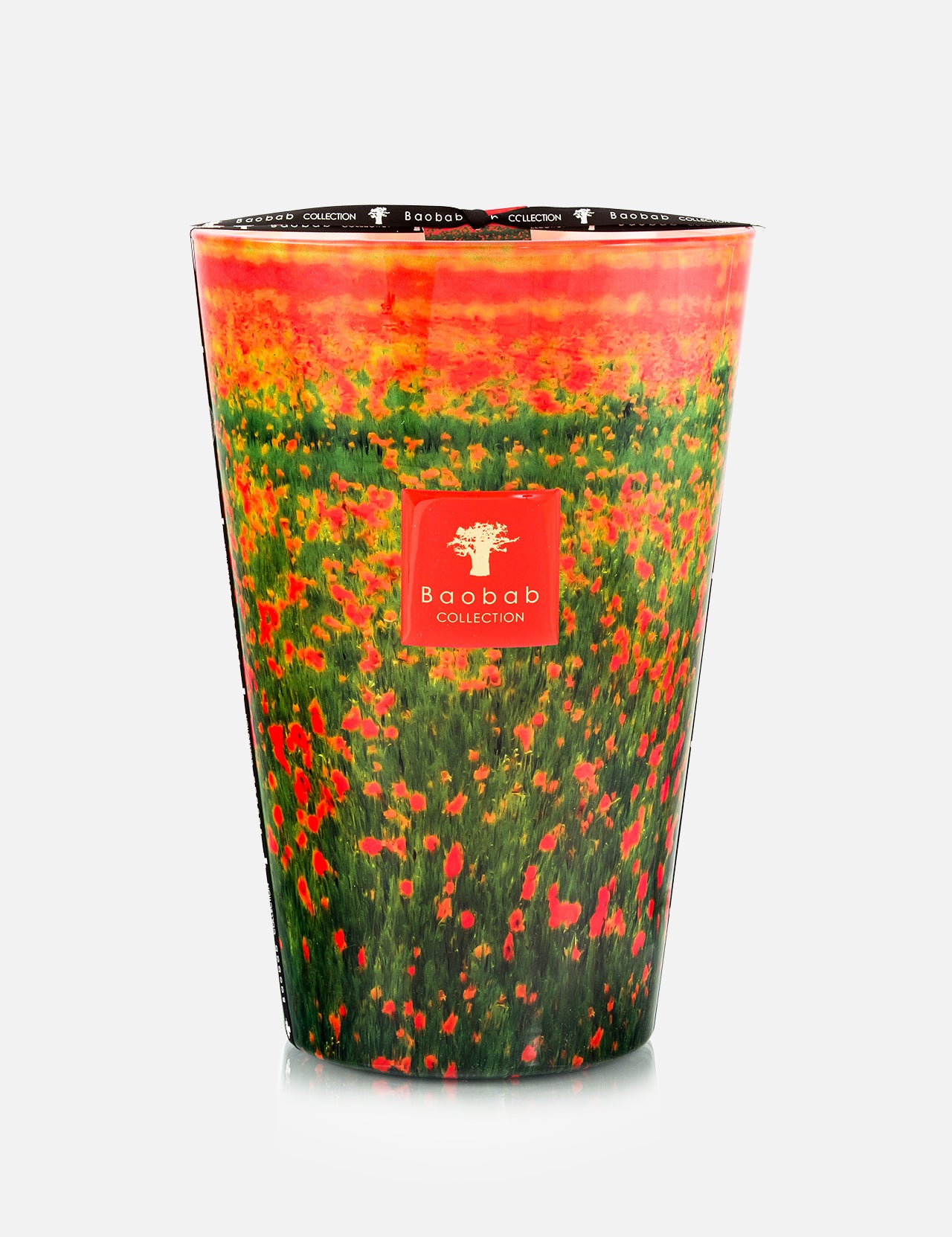 The BAOBAB COLLECTION Arty Flowers Poppies Max 35 Candle features a vibrant red and green floral design, is hand poured, and offers a refreshing bergamot scent for a decorative and inviting touch.
