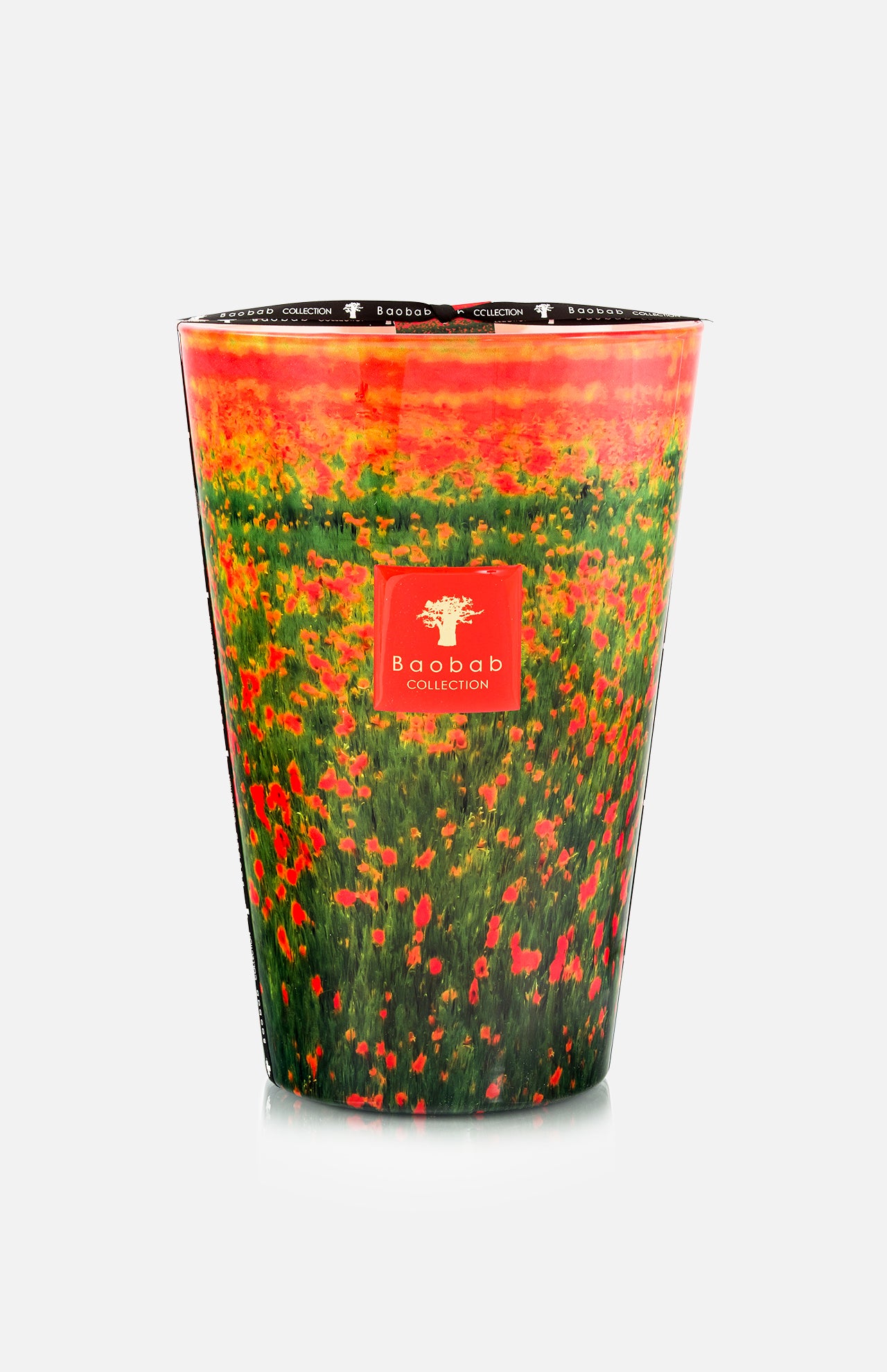 The BAOBAB COLLECTION Arty Flowers Poppies Max 35 Candle features a vibrant red and green floral design, is hand poured, and offers a refreshing bergamot scent for a decorative and inviting touch.