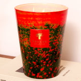 The Arty Flowers Poppies Max 35 Candle by BAOBAB COLLECTION, with hand-poured wax and a subtle bergamot scent, features a vivid red and green floral design and sits atop the beige book Les Métamorphoses de l'Argentique.