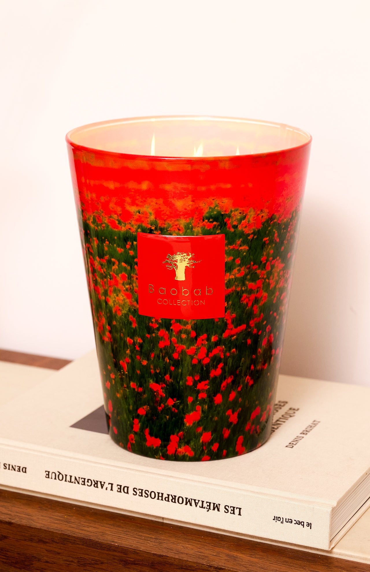 The Arty Flowers Poppies Max 35 Candle by BAOBAB COLLECTION, with hand-poured wax and a subtle bergamot scent, features a vivid red and green floral design and sits atop the beige book Les Métamorphoses de l'Argentique.