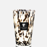 The Pearls Black MAX 35 by BAOBAB COLLECTION is a white hand-blown glass candle featuring black and brown speckles and the brand's label on the front, placed against a plain light gray background.