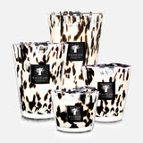 Four BAOBAB COLLECTION Pearls Black MAX 35 scented candles in hand-blown glass containers with a white and black animal print, grouped on a plain white background. Each features the brand’s logo on a black label.