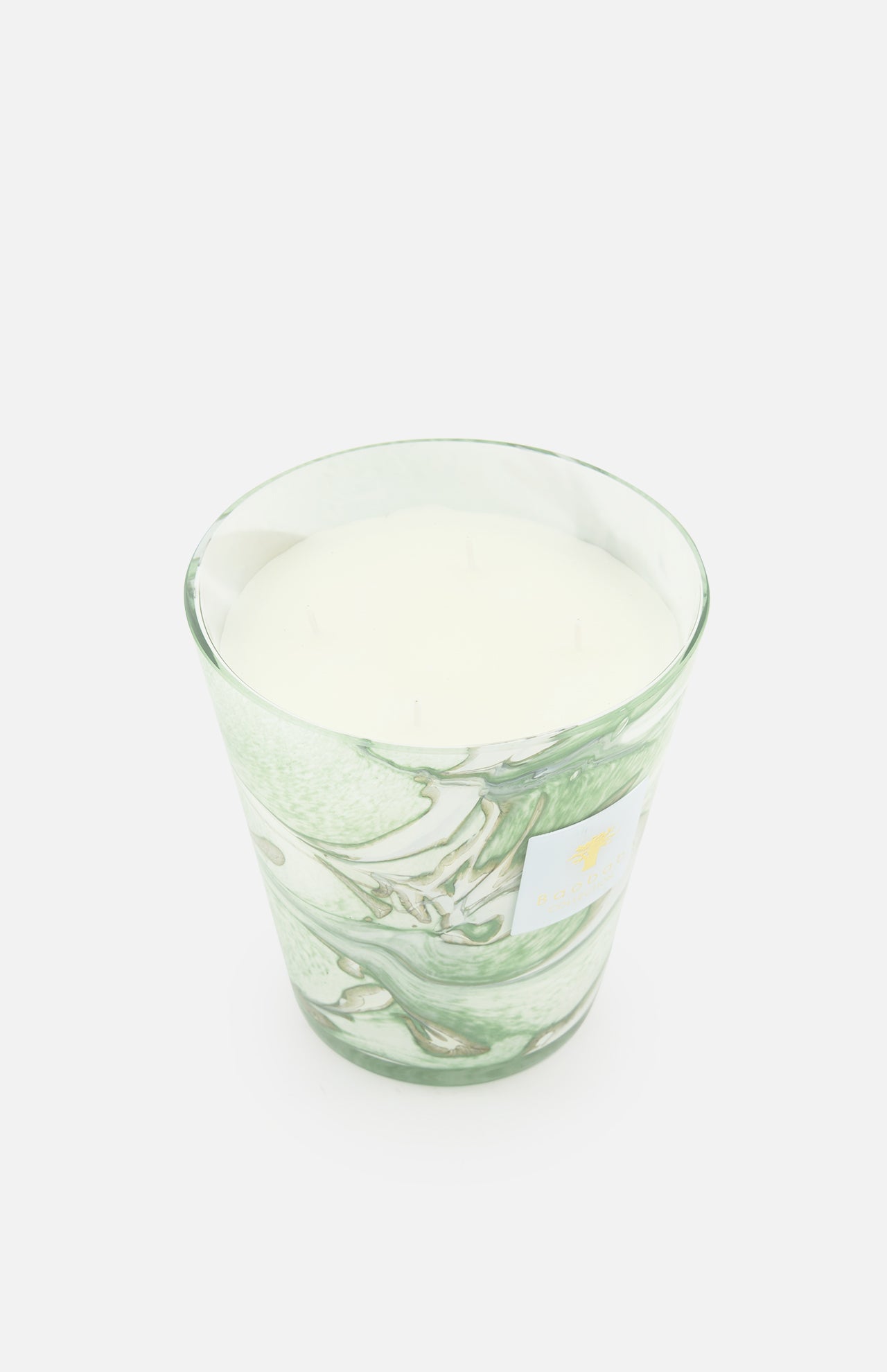 The BAOBAB COLLECTION Leaves Marius Max 16 Candle, a green and white marbled glass candle with three wicks and hand-poured wax, is displayed against a plain white background.