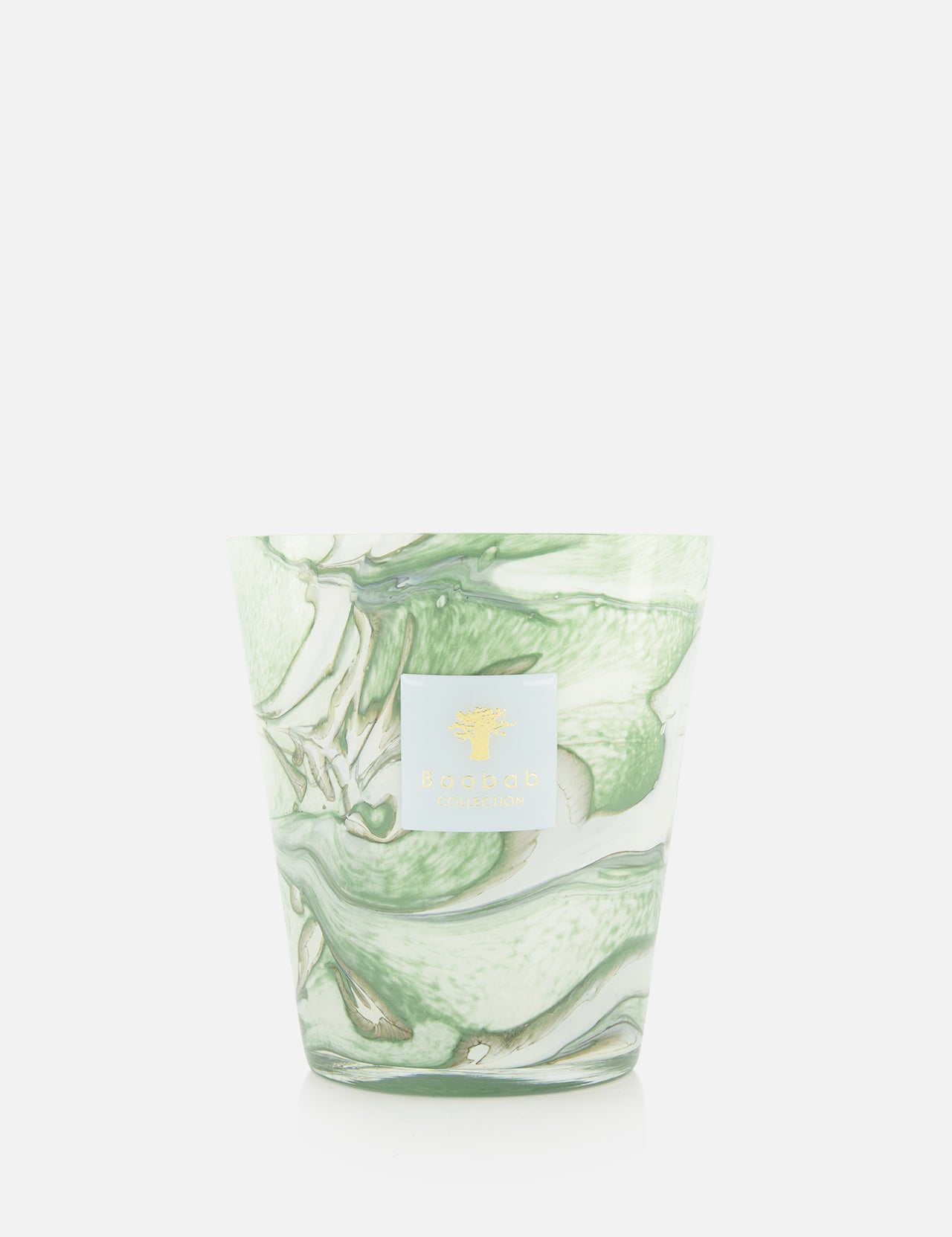 The BAOBAB COLLECTION Leaves Marius Max 16 Candle features hand-poured wax in a cup with a green and white marbled design, accented by a gold logo and label. Its artisanal style adds elegance to any space. Displayed on a plain white background.