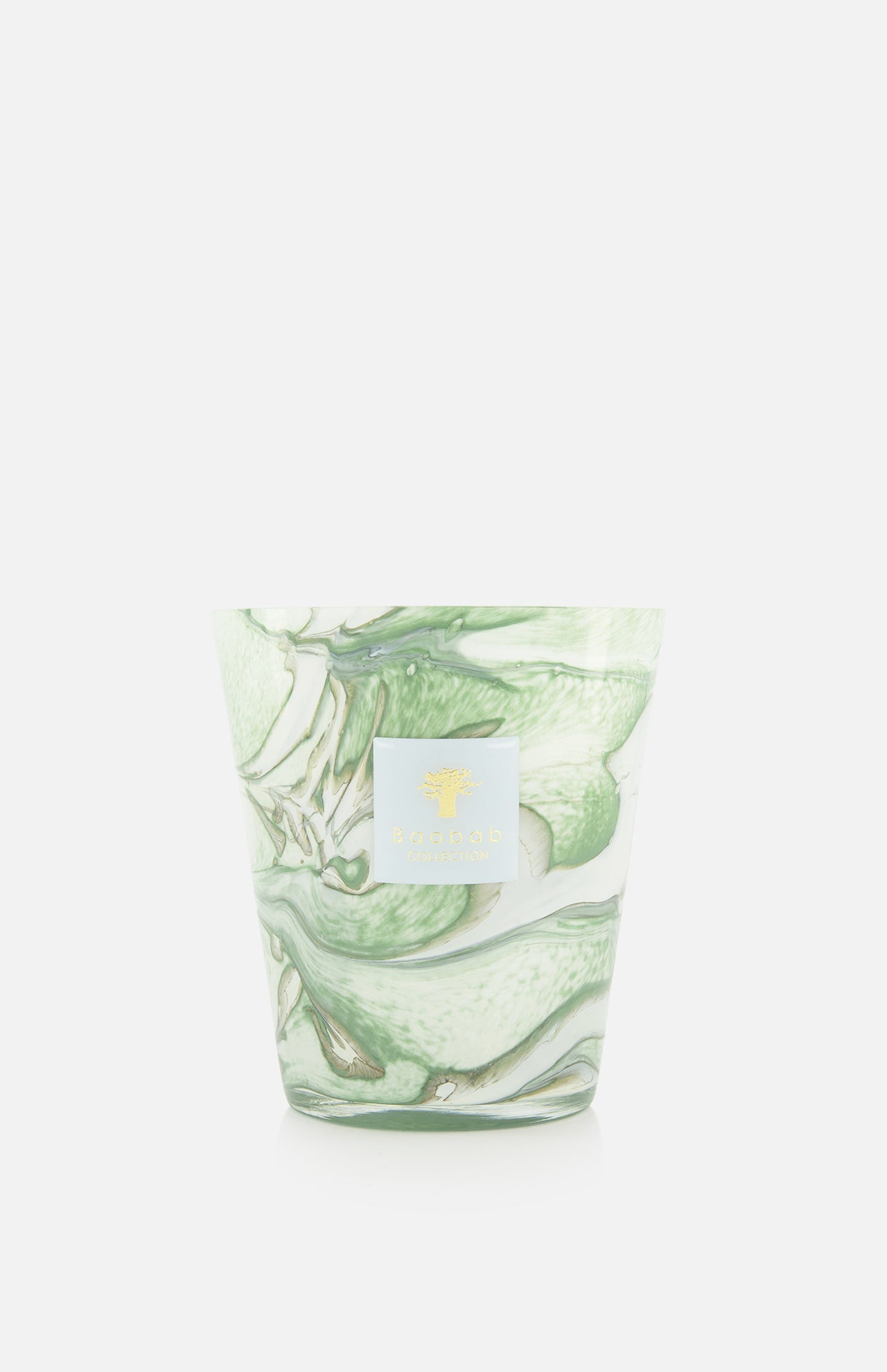 The BAOBAB COLLECTION Leaves Marius Max 16 Candle features hand-poured wax in a cup with a green and white marbled design, accented by a gold logo and label. Its artisanal style adds elegance to any space. Displayed on a plain white background.