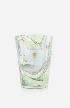 The Leaves Marius Max 24 Candle by BAOBAB COLLECTION features hand-poured wax in a marbled glass container with swirling green, grey, and white patterns and a white and gold brand label on the front.