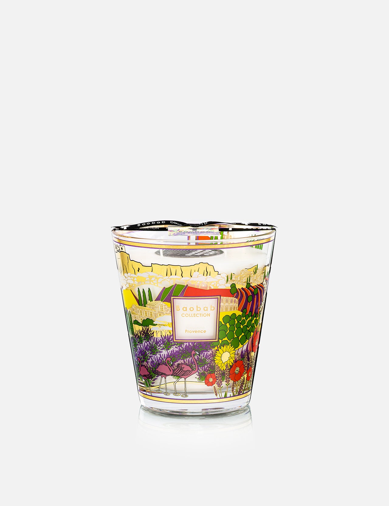 The Provence Max 16 Candle by BAOBAB COLLECTION features colorful, David Hockney-inspired floral illustrations and a pink Baobab Collection label, displayed on a plain white background.