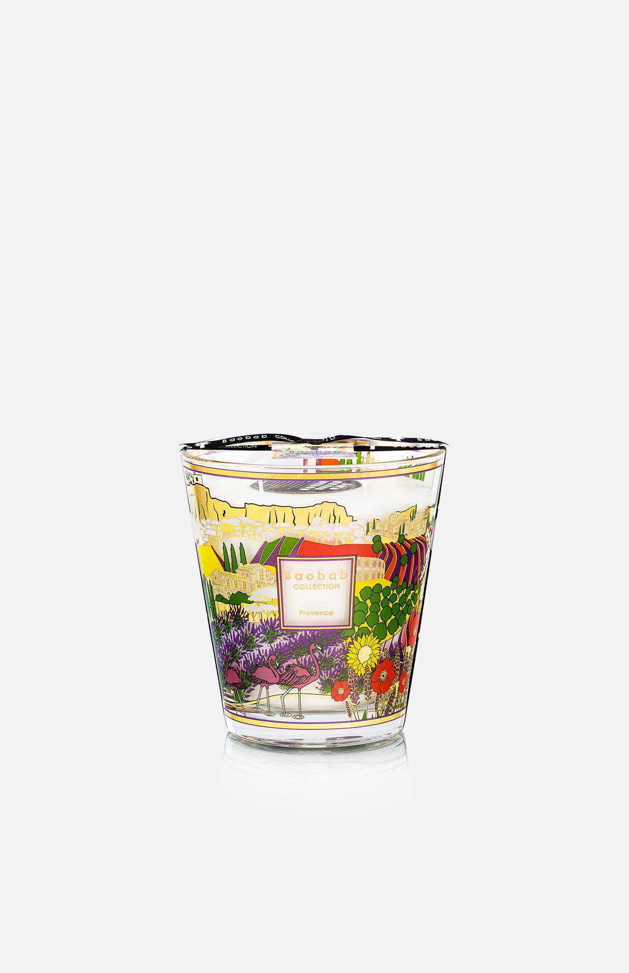 The Provence Max 16 Candle by BAOBAB COLLECTION features colorful, David Hockney-inspired floral illustrations and a pink Baobab Collection label, displayed on a plain white background.