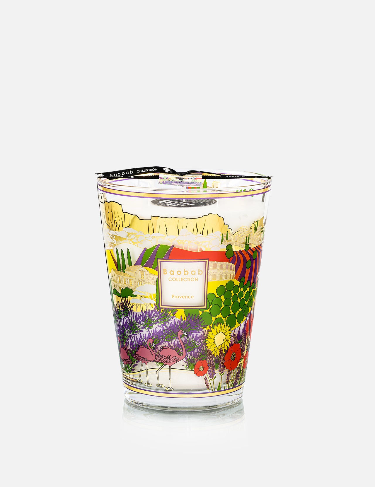 A decorative glass luxury scented candle from BAOBAB COLLECTION, the Provence Max 24 Candle features colorful floral and plant illustrations with hand-poured wax, offering an aromatic experience.