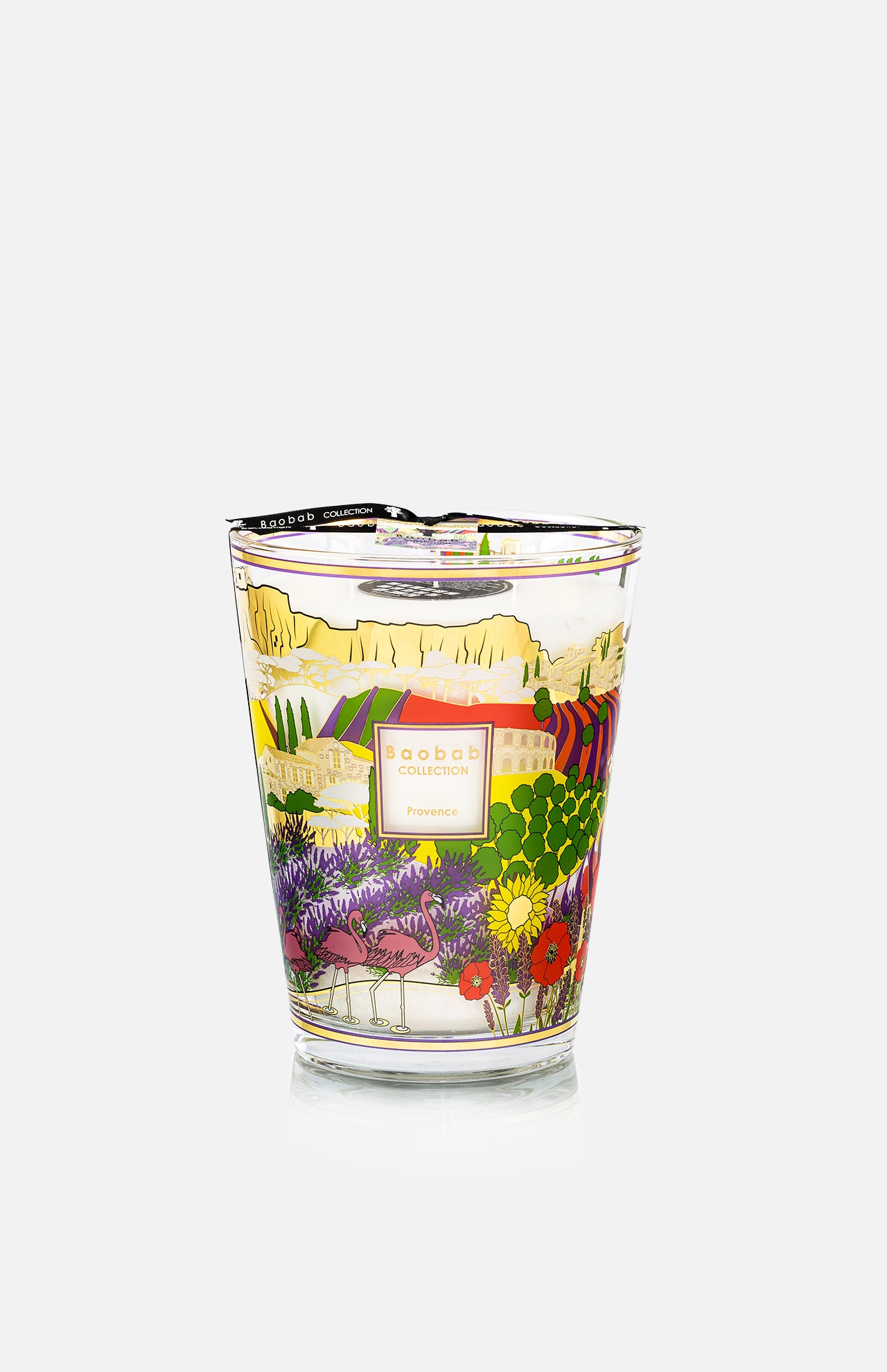 A decorative glass luxury scented candle from BAOBAB COLLECTION, the Provence Max 24 Candle features colorful floral and plant illustrations with hand-poured wax, offering an aromatic experience.