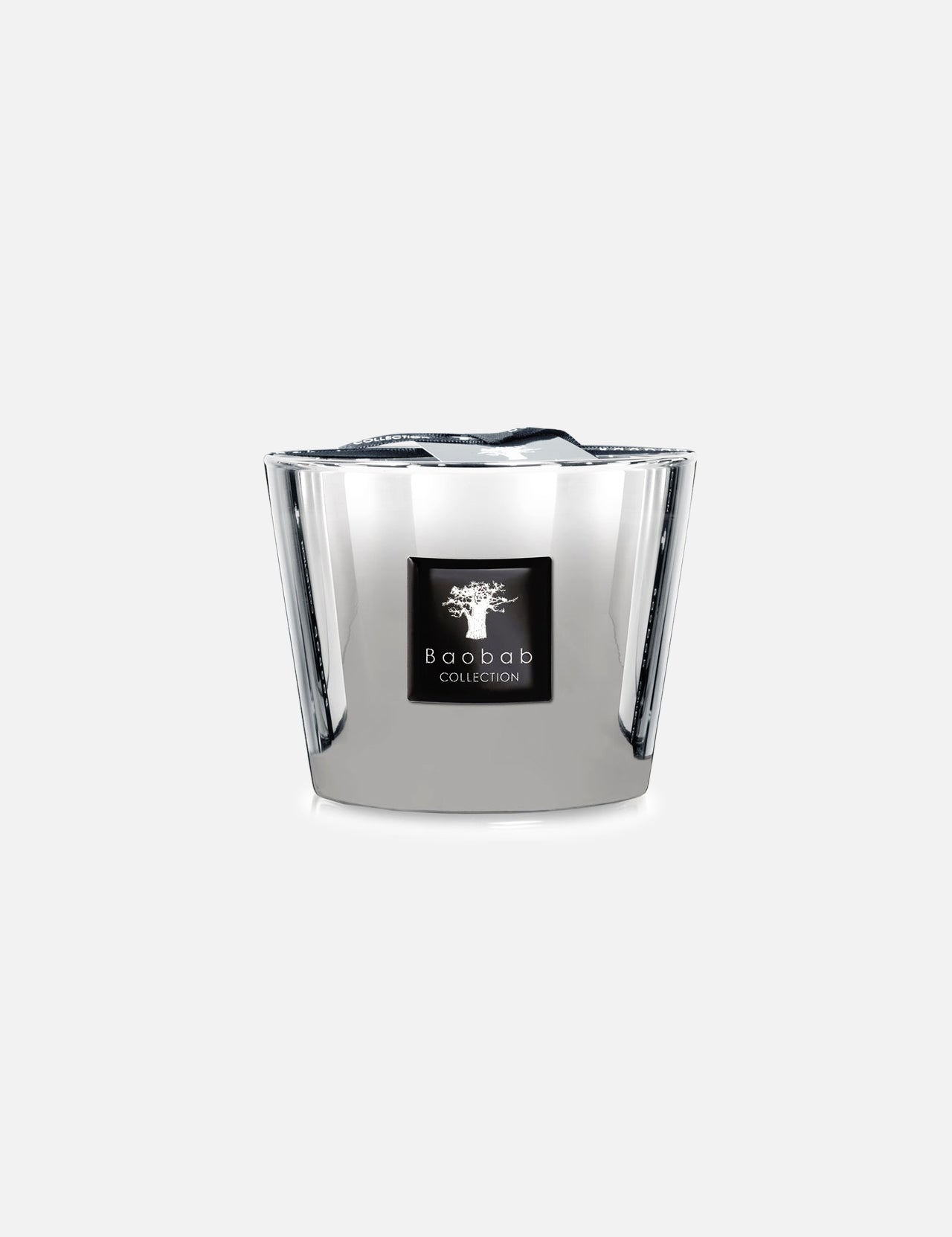 A BAOBAB COLLECTION Max 10 Platinum Candle in shiny silver hand-blown glass, featuring a black label with a white logo, displayed against a plain light gray background.