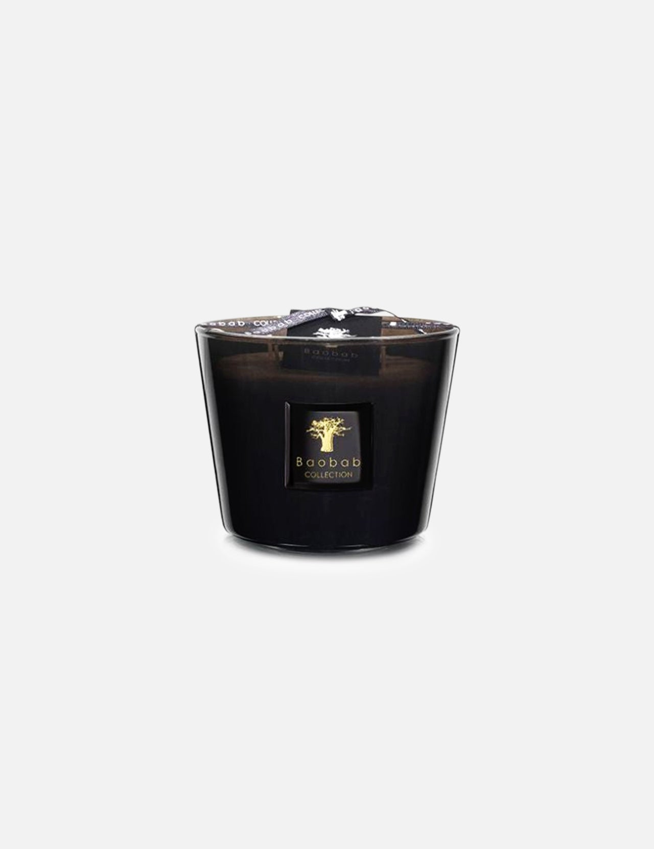 The BAOBAB COLLECTION Max 10 Les Prestigieuses Candle is a black glass, round sandalwood candle with a gold tree logo, shown against a plain light gray background.