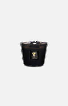 The BAOBAB COLLECTION Max 10 Les Prestigieuses Candle is a black glass, round sandalwood candle with a gold tree logo, shown against a plain light gray background.